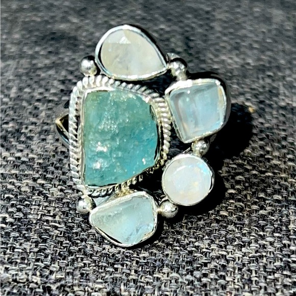 Jewelry - Artisan Crafted Natural Aquamarine and Moonstone Sterling Silver Ring